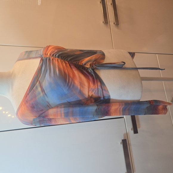 Sunset In The Sky Mesh Multicolor Ruched V-Neck Cropped Women's Top Size XL - Picture 3 of 9